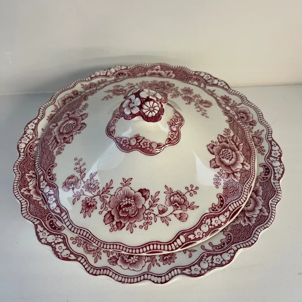 Crown‎ Ducal Bristol Pink Red Transferware Covered Tureen Serving Bowl England